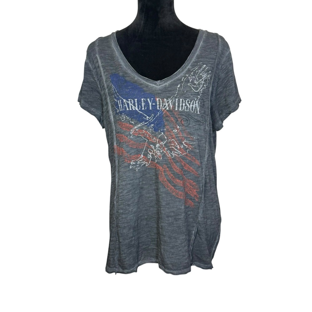 Harley Davidson Women's Size L Large Gray Grey Tee Slash Back Americana Moto